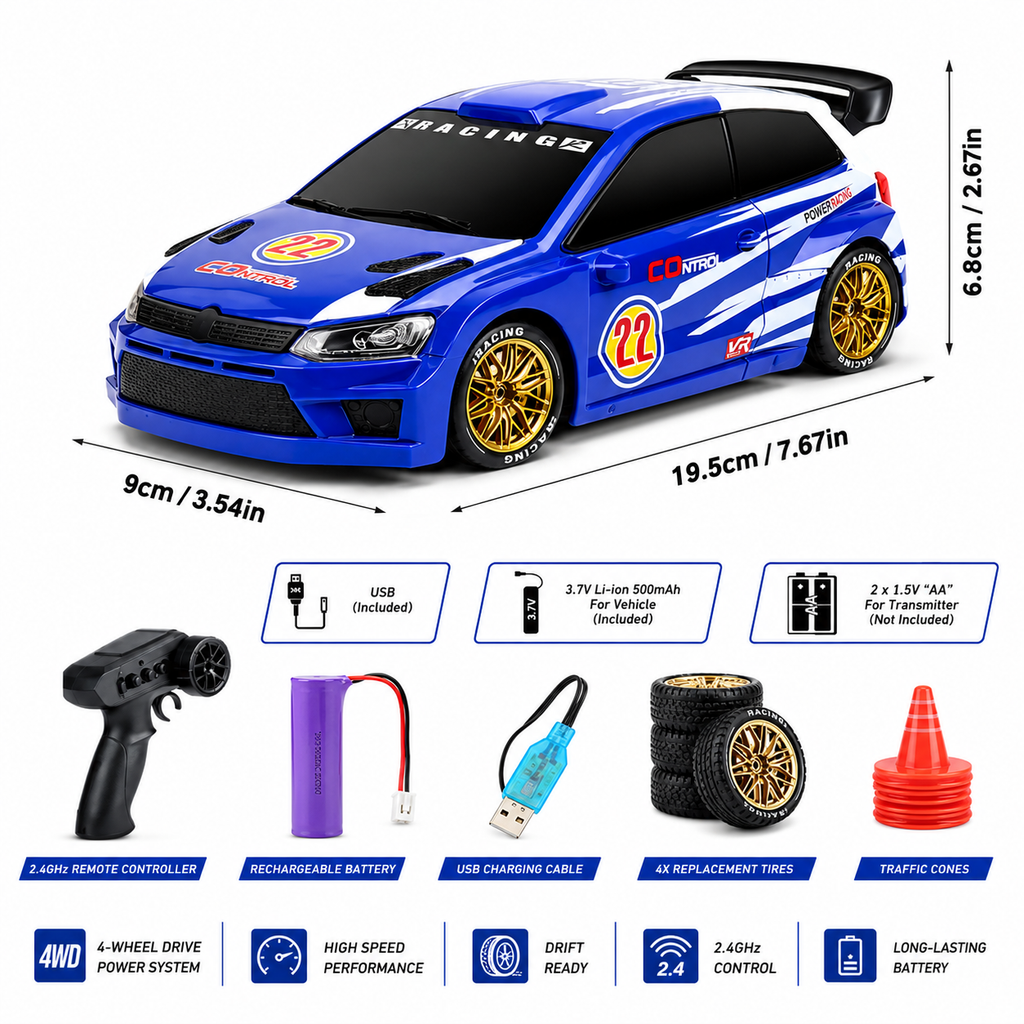 1:24 RC Drift Car – 4WD Rechargeable Racing Car with Smoke Effect